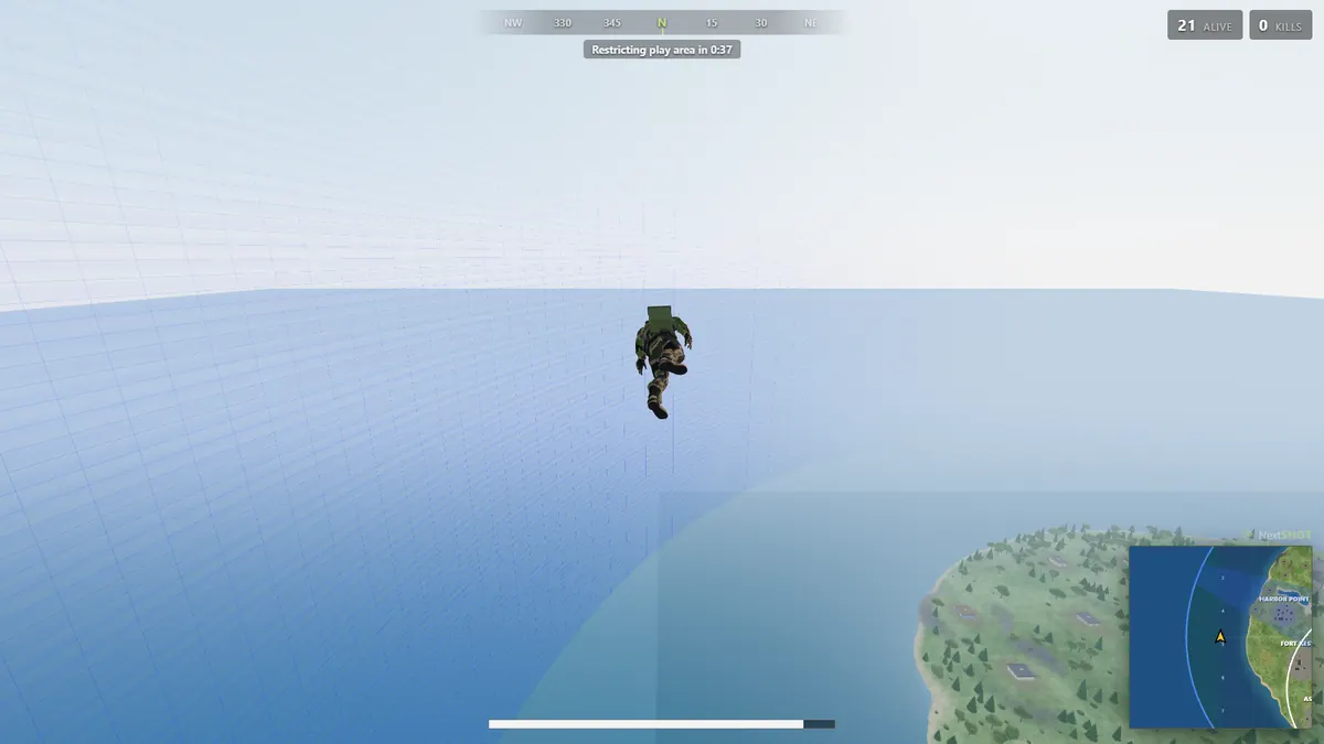 A soldier skydiving towards a Battle Royale island in Lobbystrike