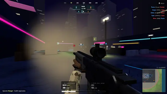 First-person view of a night fight on the Neon District map in Lobbystrike