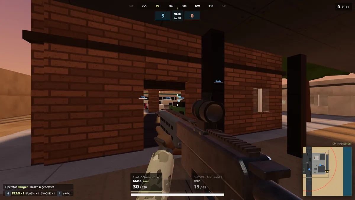 Aiming a rifle at a brick building at sunset on the Rustline map in Lobbystrike