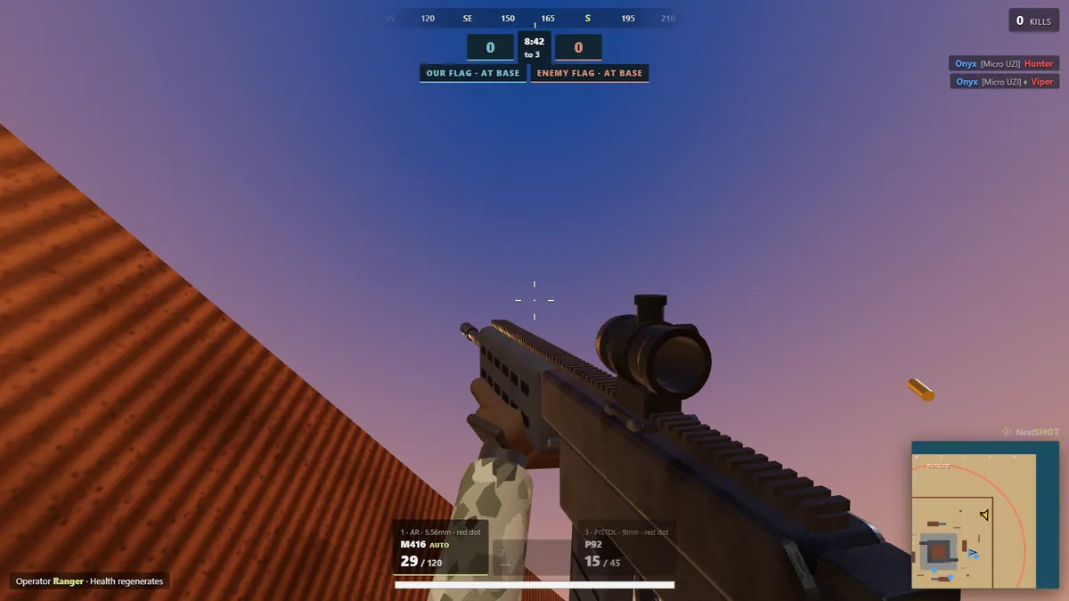 Firing across a rooftop at dusk during Capture the Flag in Lobbystrike