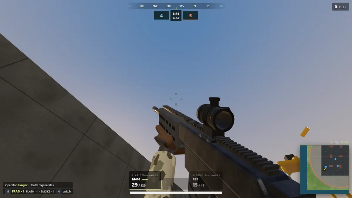 First-person rifle fire next to a concrete wall in a Lobbystrike Team Deathmatch