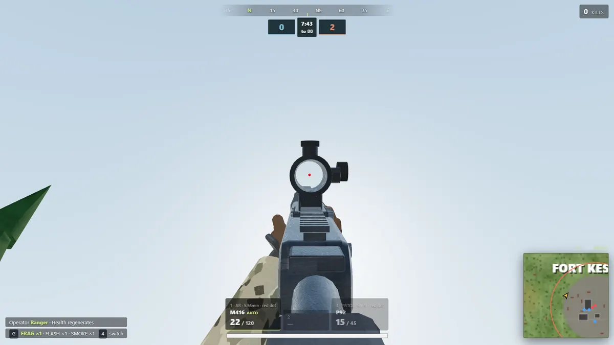 Looking through the red dot sight of an M416 in Lobbystrike